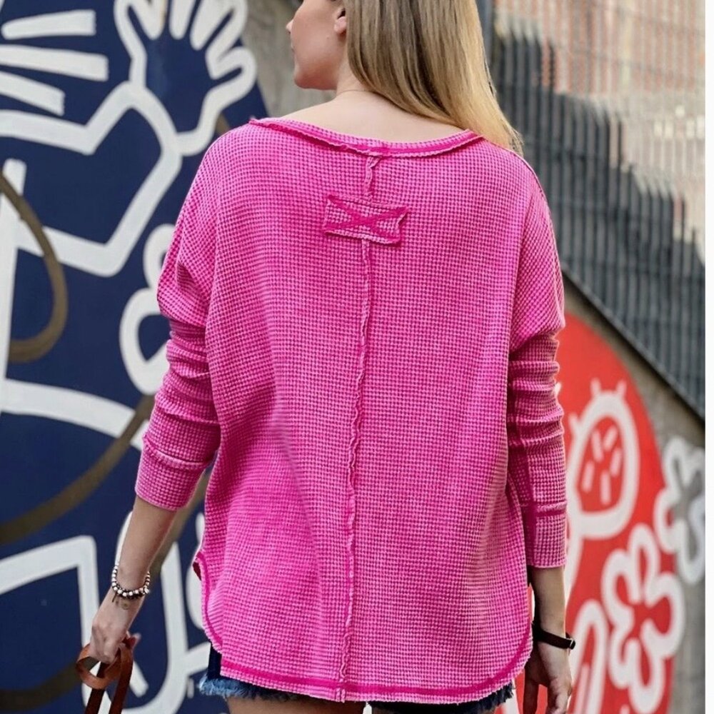 Zenana Waffle Knit Long Sleeve Top in Hot Pink - Picture 2 of 3